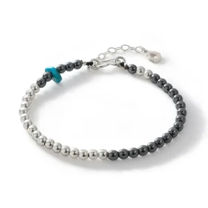 Hematite and Silver Beads Bracelet with Turquoise, Large - 4.1mm
